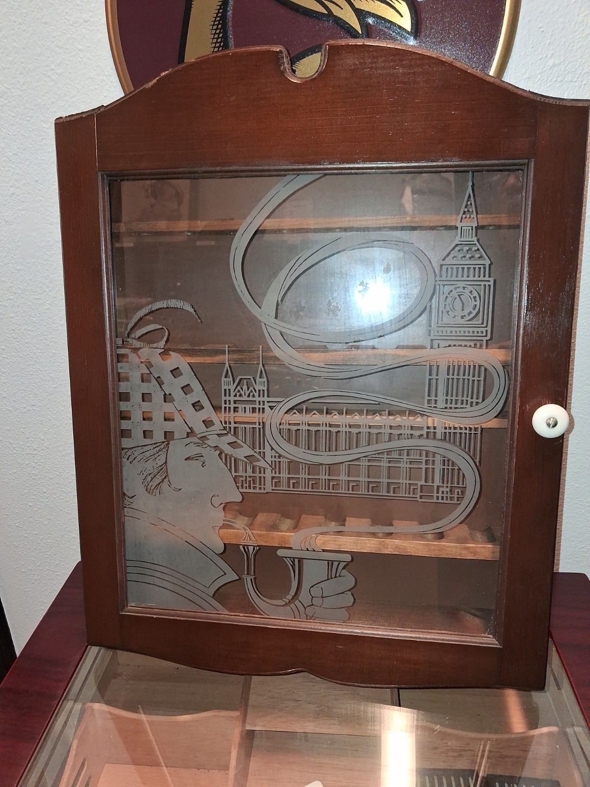 Vintage Sherlock Holmes Pipe Cabinet Etched Glass Nice Condition