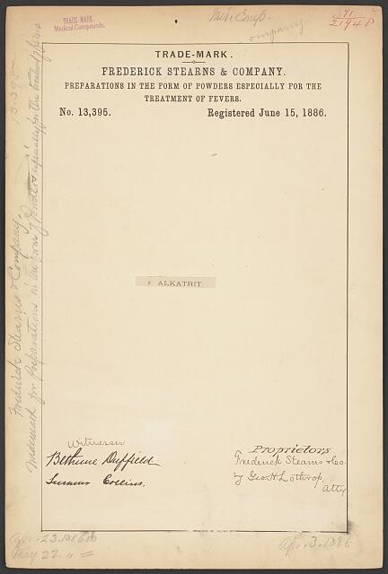 Photo:Frederick Stearns Company Alkatrit Powders Trademark 1886
