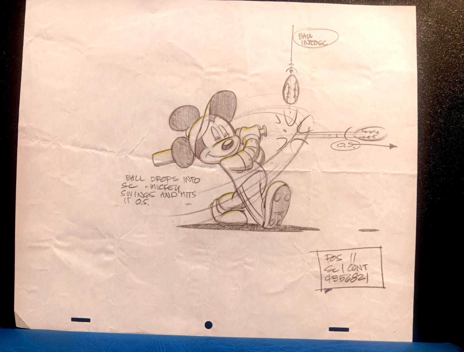 Vintage Disney Mickey Mouse Baseball Production Drawing with Notes