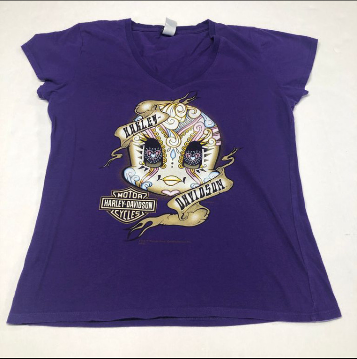 VTG Looney Tunes Harley Davidson Womens purple Shirt Size L Tweety Sugar Skull