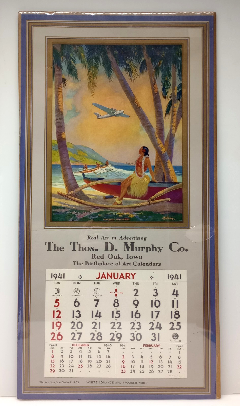 Vintage 1941 Thos D Murphy Co Art Calendar Sample Frederick Heckman Hawaii Hula