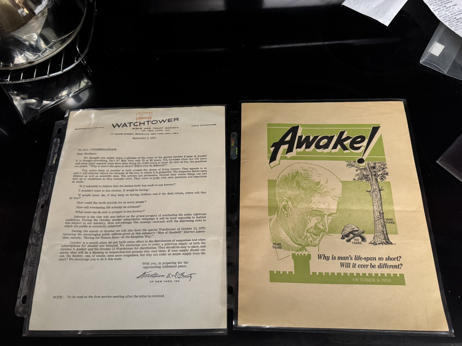 WATCHTOWER LETTER WITH GLIMPSE OF THE COVER AWAKE OCTOBER 8 1970