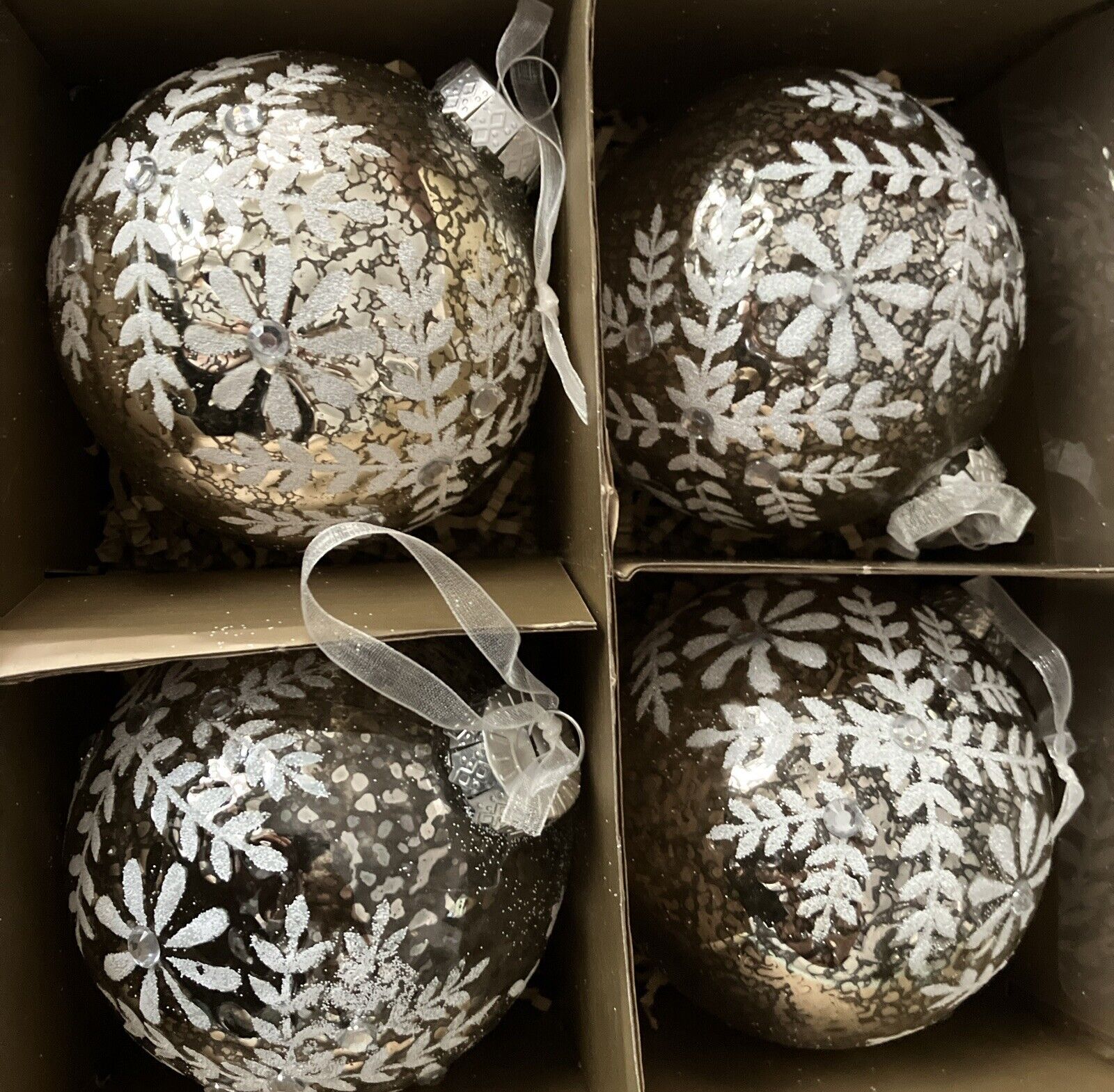 Tinsel & Fir Set of 4 Glass Christmas Ornament Gold Silver Glitter Flowers