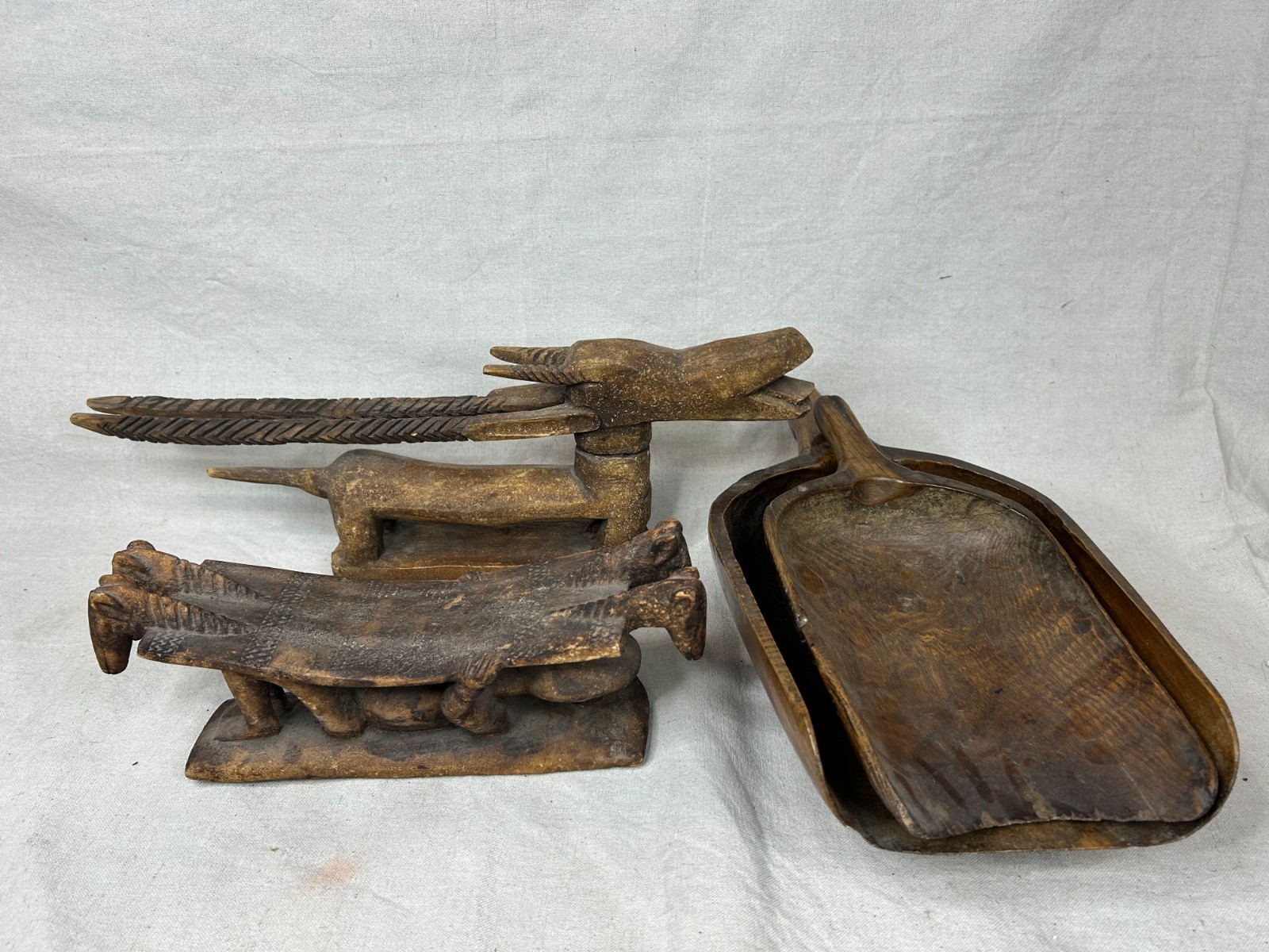 Vintage African Tribal Art Carvings Lot Dogon Headrest & Primitive Wooden Scoops