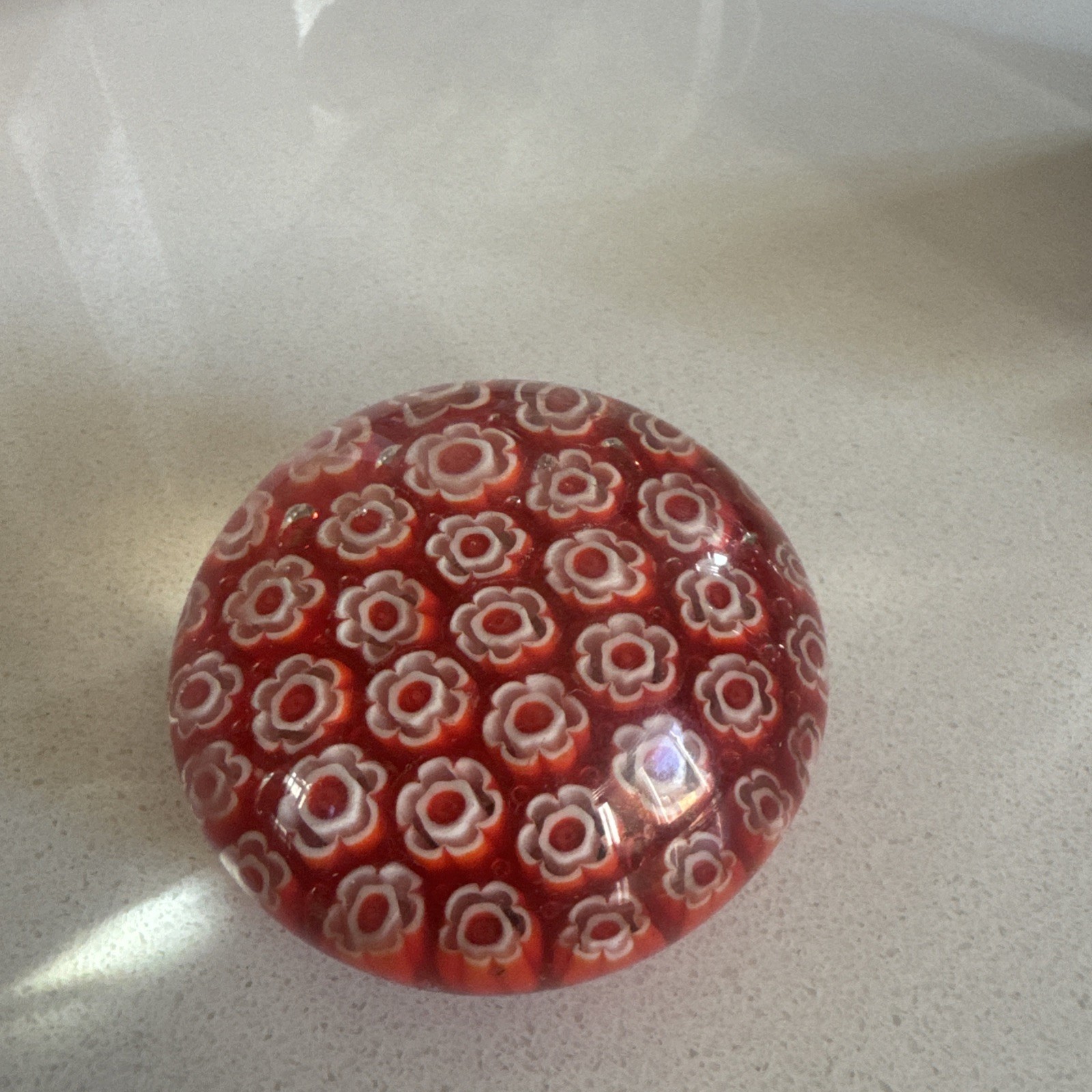 Vintage Murano Miniature Italy Art Glass Millefiore Paperweight Red White