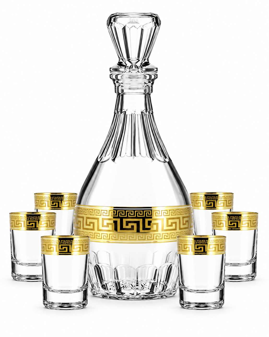 17 oz Liquor Glass Decanter 7-pc Set, Greek Key 24K Gold Plated Luxury Pattern 17 oz Liquor Glass Decanter 7-pc Set, Greek Key 24K Gold Plated Luxury Pattern