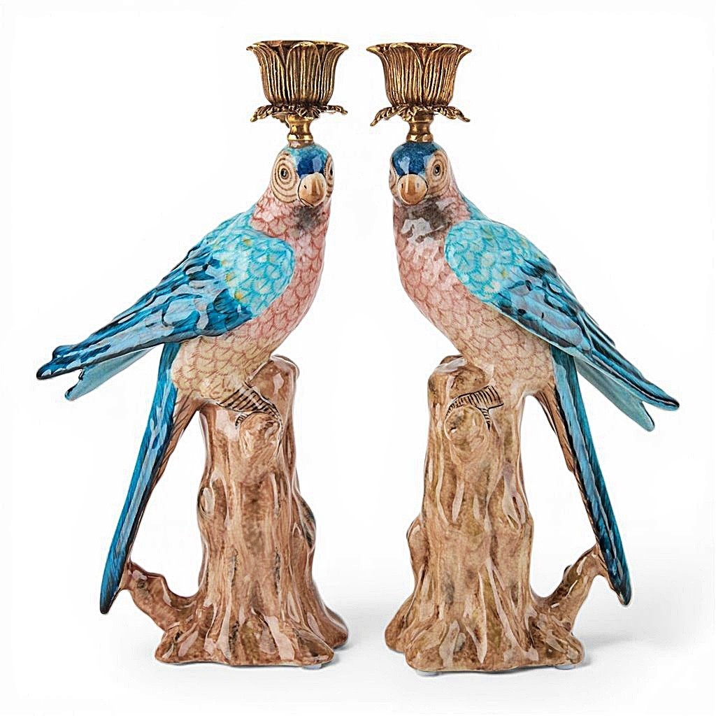 Pair of Blue, White Porcelain Parrot Candle Holders. Bronze. Hand Painted-10