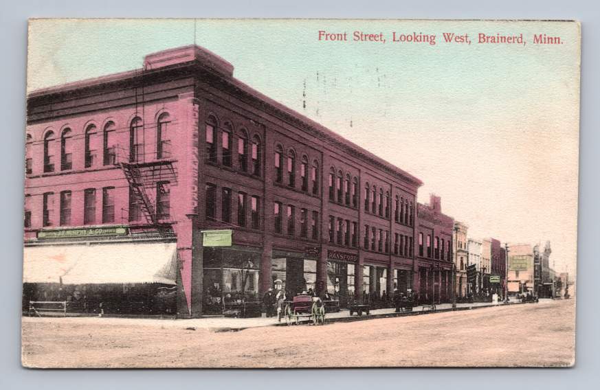 Front Street BRAINERD Minnesota Antique Hand Colored Collotype Postcard 1909