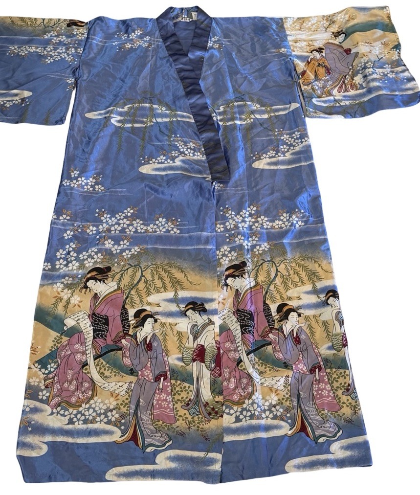 VTG JUGUEMM  Kimono Robe Blue Geisha Pagoda Cherry Blossoms JAPAN 56” Long SEE