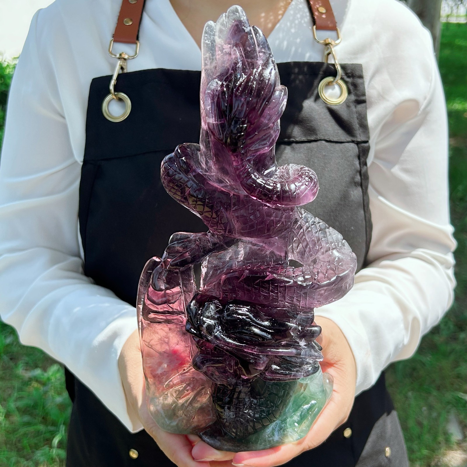 3.3LB Natural top fluorite quartz crystal hand carved dragon healing G8011
