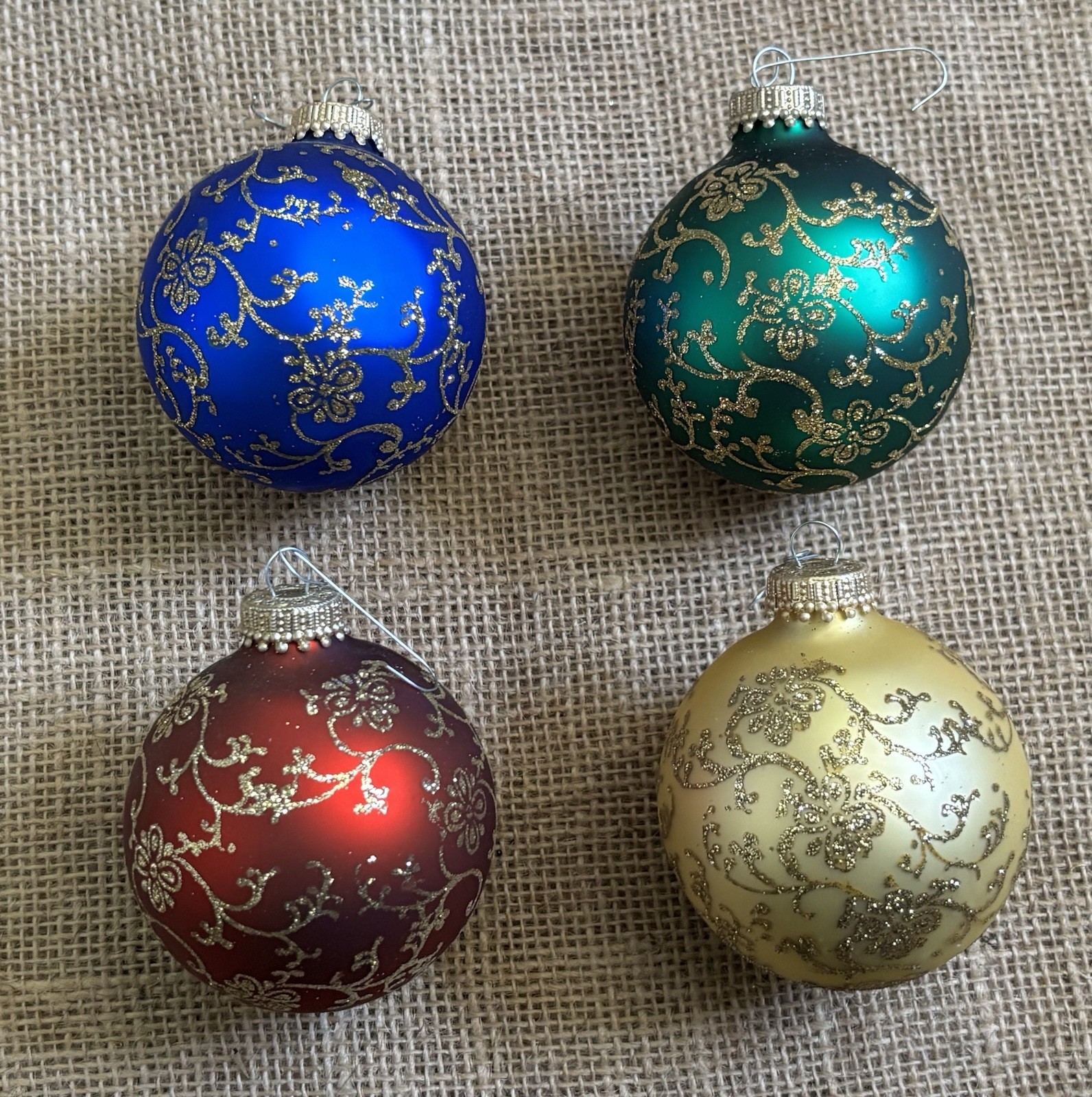 Vintage Krebs Floral Glitter Round Ball Glass Ornaments Christmas Holiday