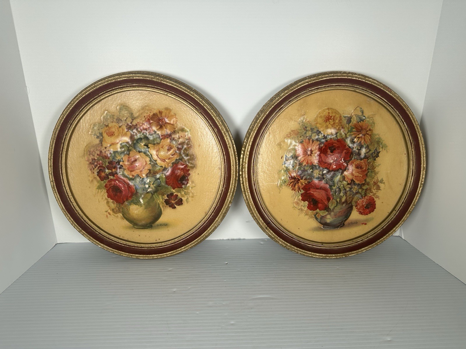 Vtg J Roelofs 3D Dimensional Floral Wall Plaques Pair Round Molded Flowers
