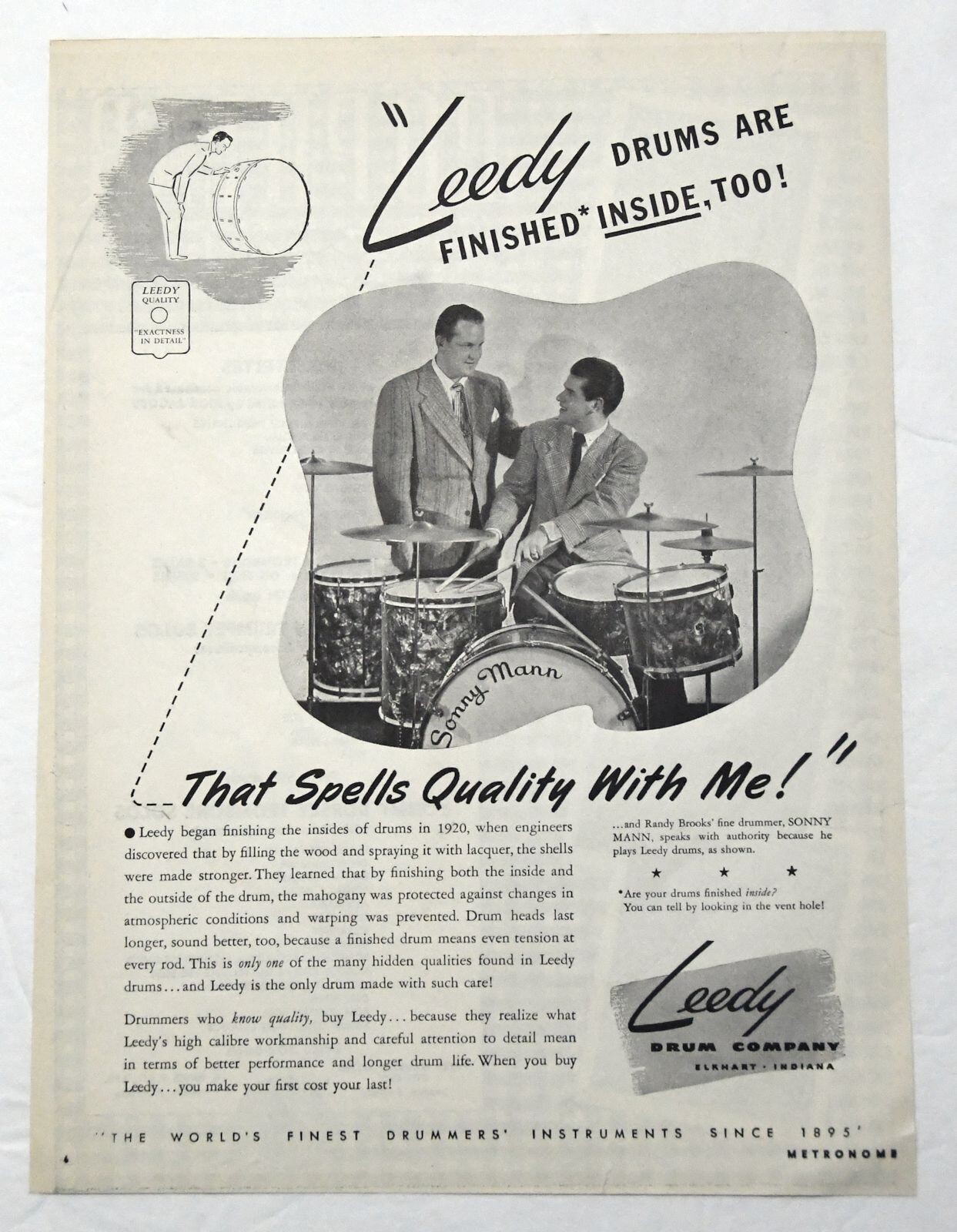1946 Original Magazine Ad Drummer Sonny Mann for Leedy Drums