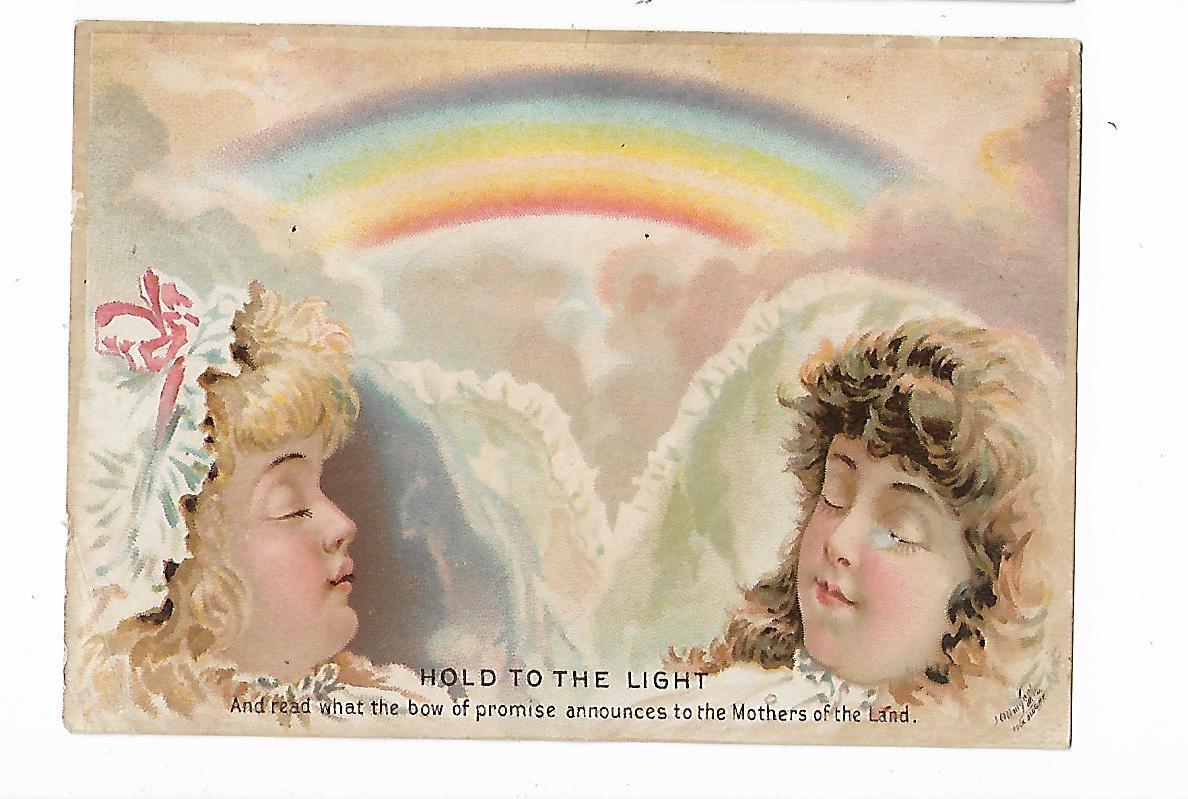 HOLD TO LIGHT Trade Card Dr. Hand's Remedies For Children Sleeping Girls Rainbow