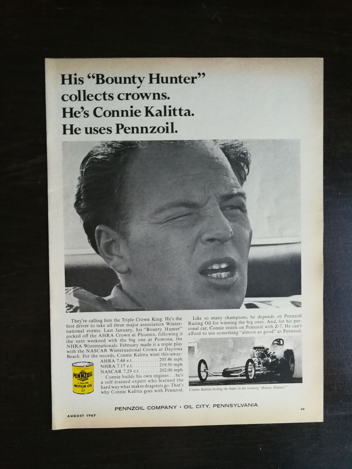 Vintage 1967 Pennzoil Motor Oil Connie Kalitta Full Page Original Ad
