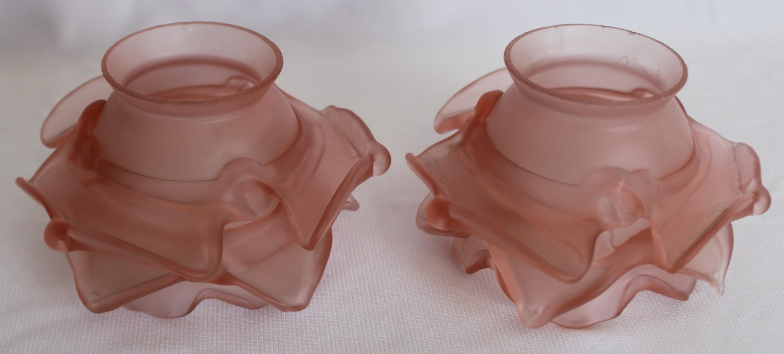 WONDERFUL PAIR ANTIQUE DECO FROSTED SATIN PINK GLASS ROSE FORM LAMP/LIGHT SHADES