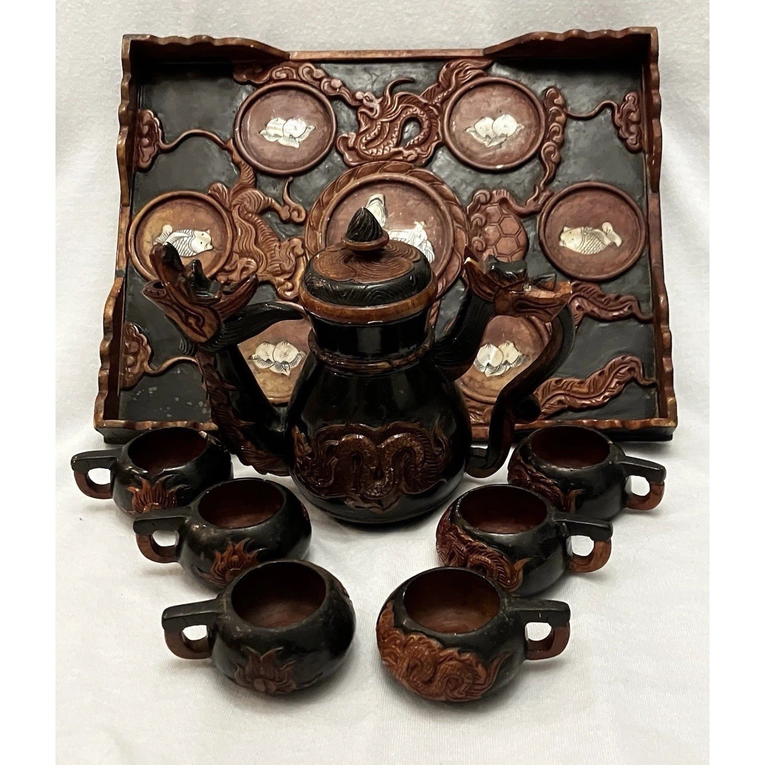 VTG Yixing Chinese Shoushan Stoneware Dragon Tea Set & Tray Mother of Pearl Rare