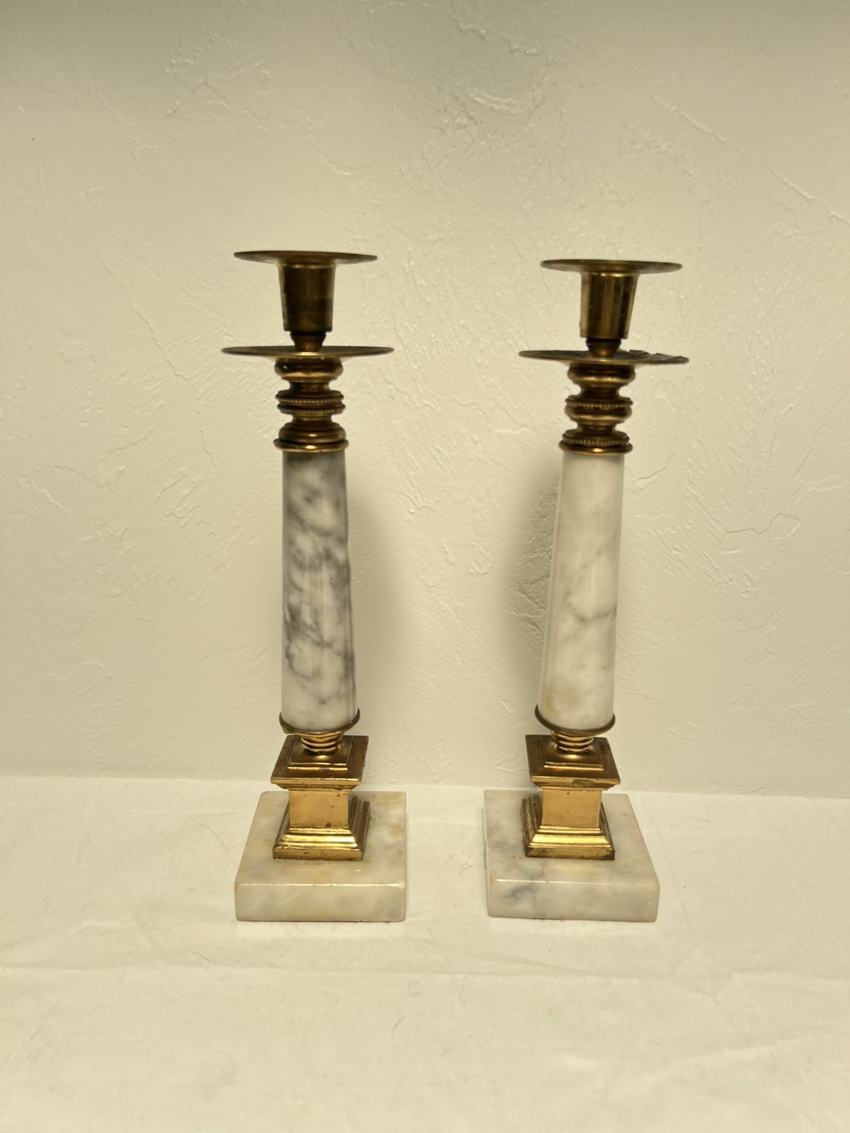 Vintage 20th Century Brass and Marble Candle Stick Holder Pair
