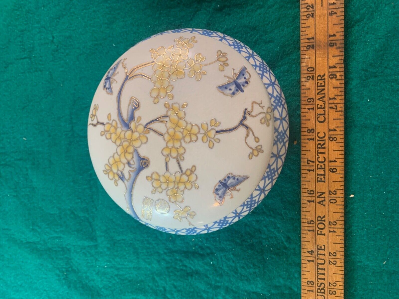 Vintage Chinese Hand Painted Powder Vanity Dish Cherry Blossoms Blue Butterflies