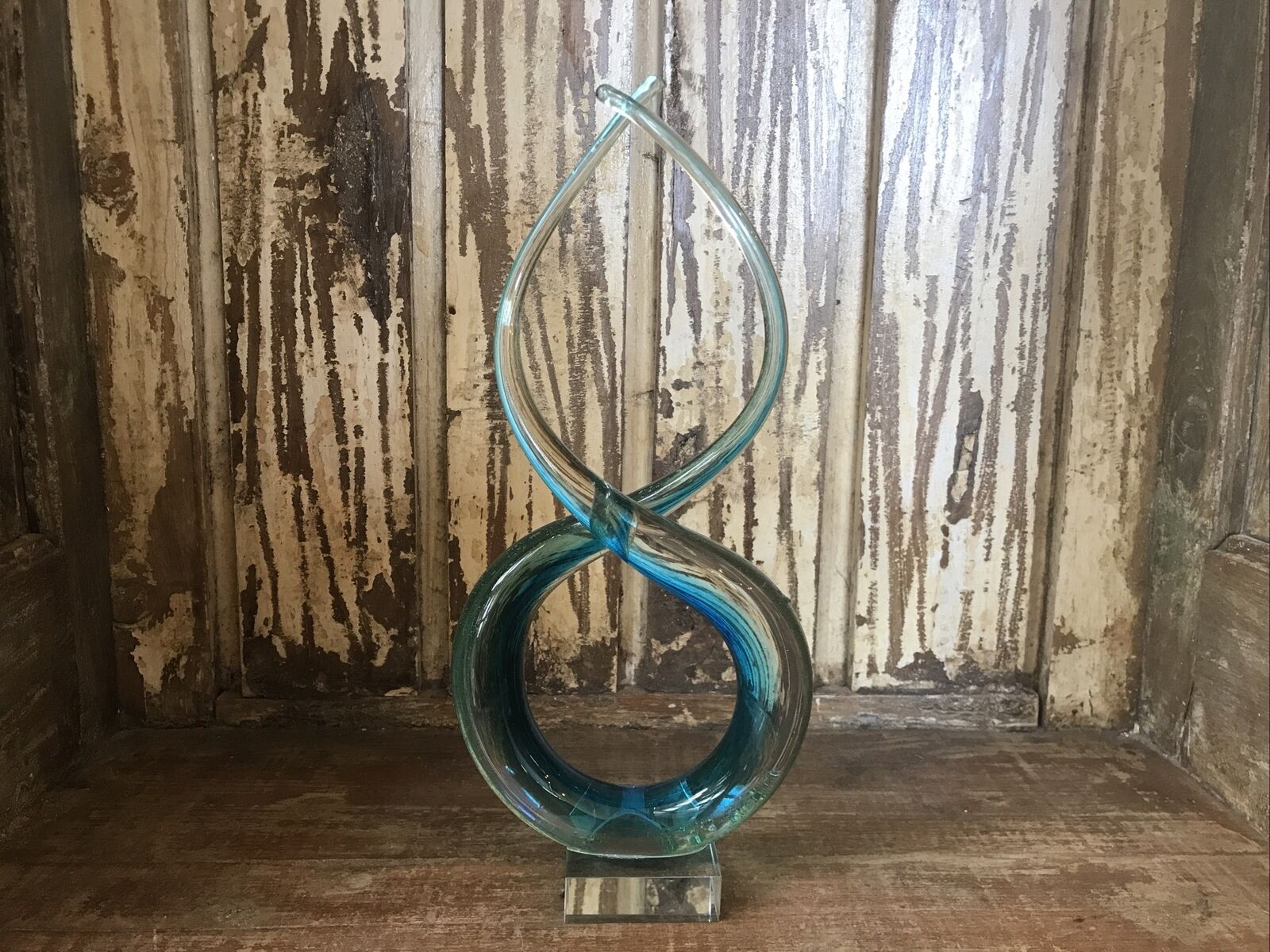 Art Glass Sculpture Murano Style Swirl Abstract Large Vintage Turquoise Twisted
