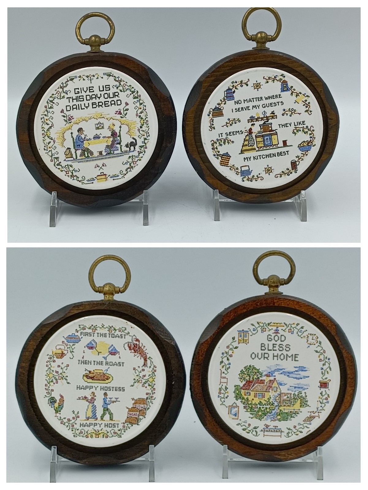 VTG Jerry Abrams JA USA Wall Plaque Set of 4 Tile on Wood Cottage Core Granny