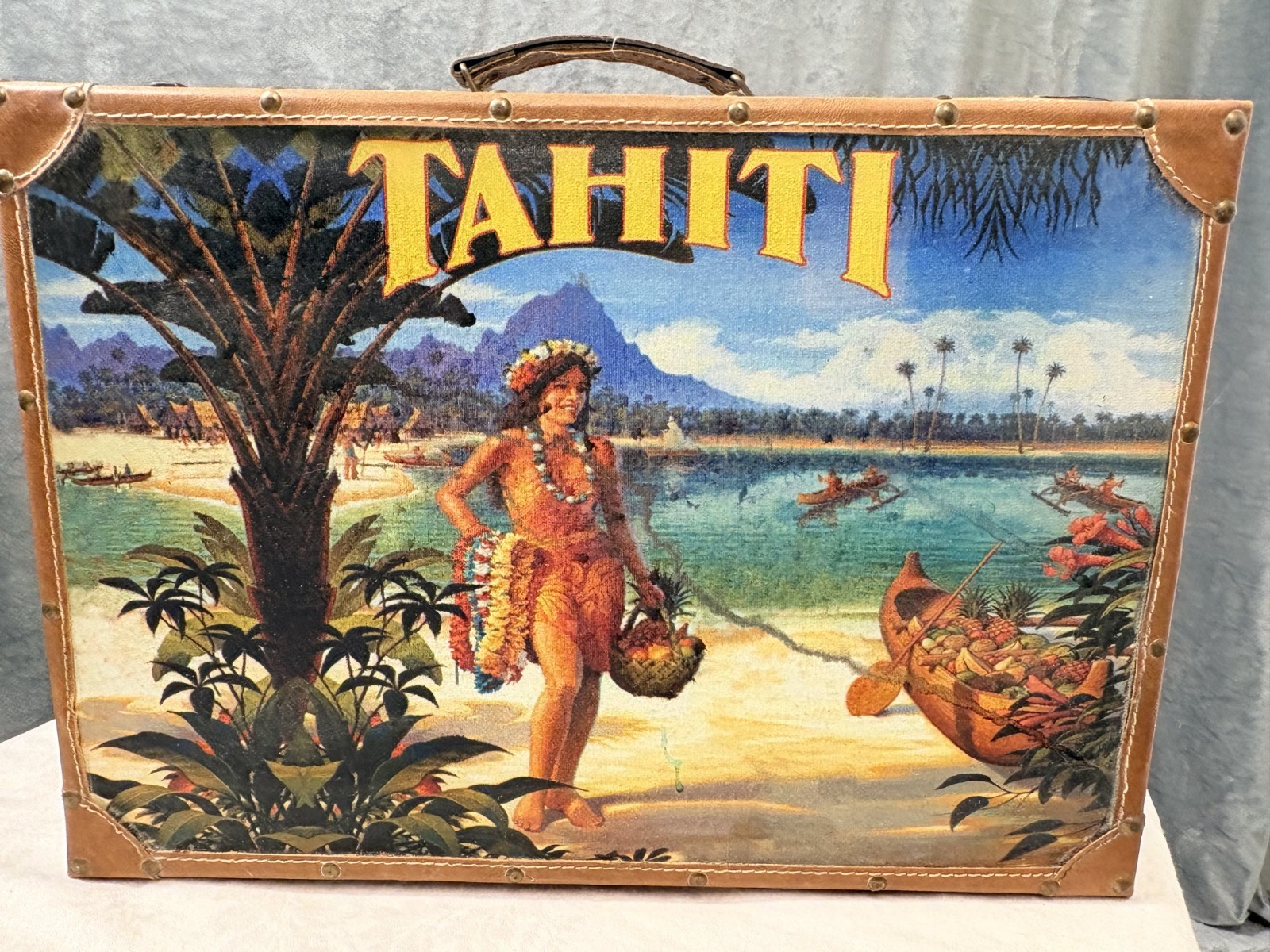 Vintage Tahiti Suitcase Oceanic Steamship Company Luggage Travel Tiki Bar Decor