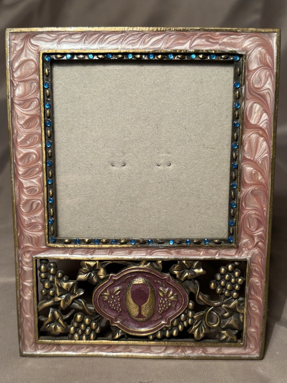 Vintage Pink Enameled Grape Wine Motif W Blue Rhinestone, Metal Picture Frame