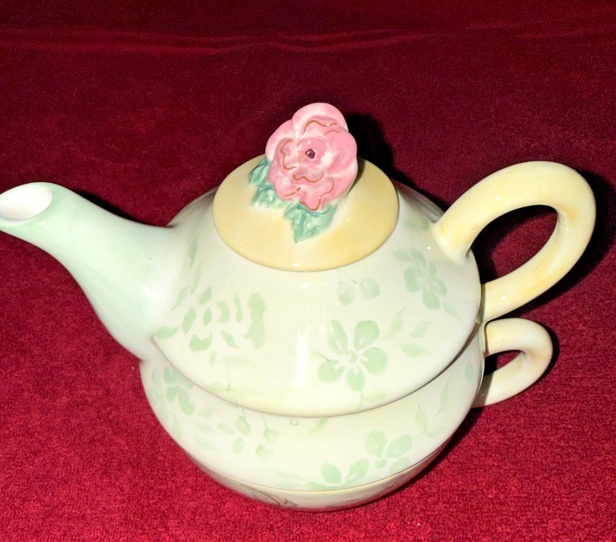Capriware Ceramic Teapot/Cup for One - Hand Painted Roses Green/ Pink Capriware Ceramic Teapot/Cup for One - Hand Painted Roses Green/ Pink