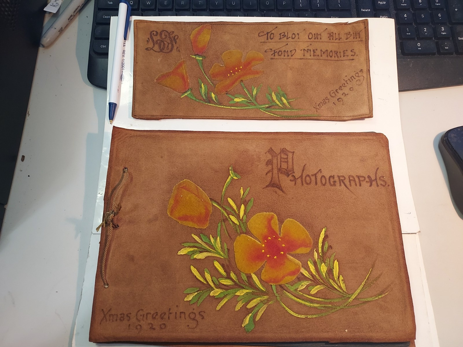 1920 Handmade Leather Photo Album &Ink Blotter-Maud M. Foot, Williamstown, Mass.