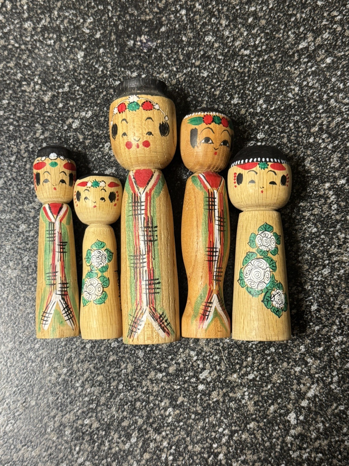 Kokeshi Dolls from Japan Set of 5 Vintage Traditional Handcrafted Wood