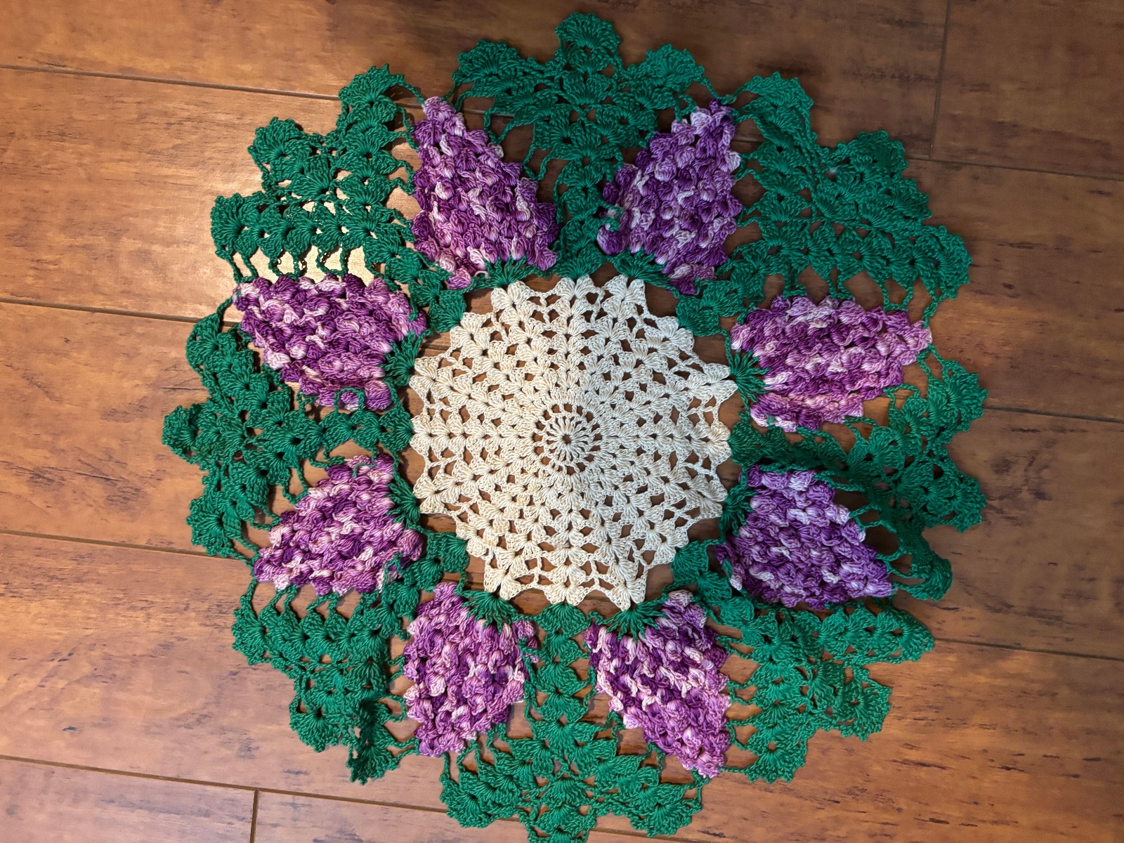 Vintage Handmade Crochet Doily – 3D Purple Grape Cluster Design, 16\