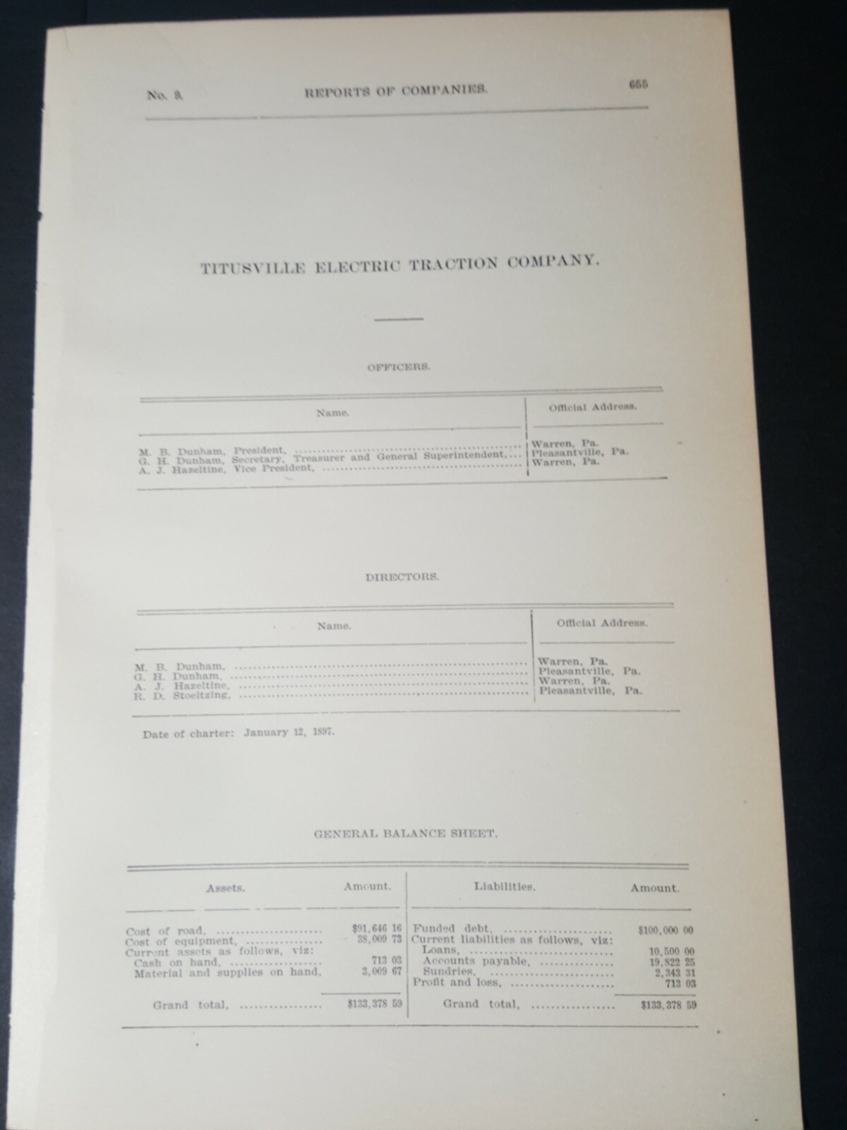 1901 streetcar document TITUSVILLE ELECTRIC TRACTION Pennsylvania ◇ M.B. Dunham 