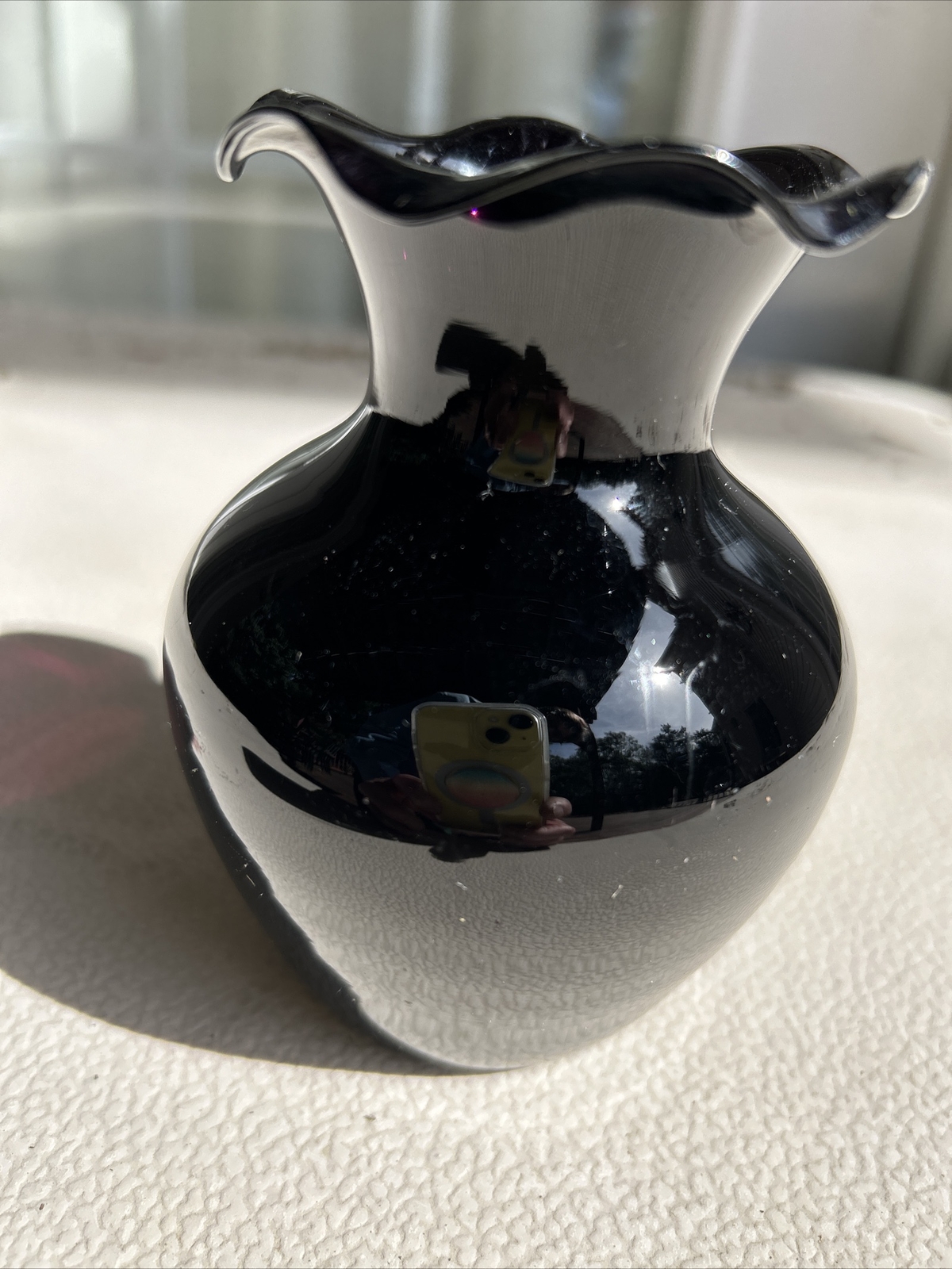 1930’s BLACK AMETHYST RUFFLED RIM VASE 4 1/2” EUC