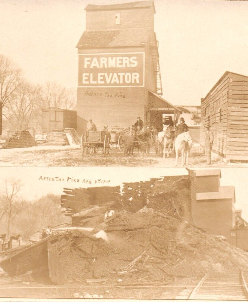 Farmers Elevator Before & After Fire Damage RR People Horses RPPC Postcard
