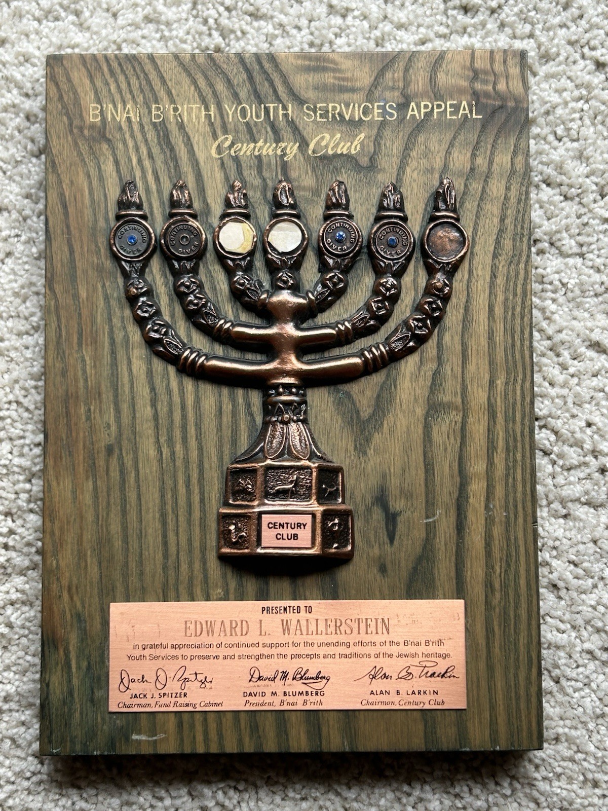 Vintage BBYO Award Plaque B'nai B'rith Youth Organization Century Club