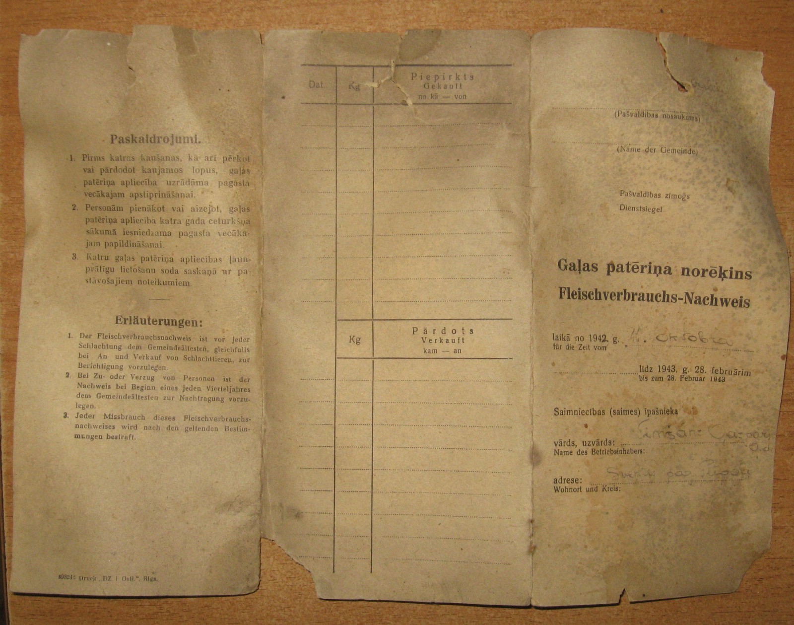 WWII Original invoice for meat delivery Latvia/Germany 1943
