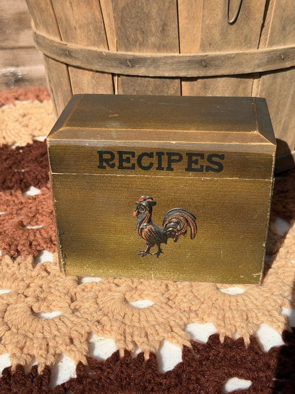 Vintage Wooden Recipe Box Rooster Farmhouse Kitchen Original Dividers
