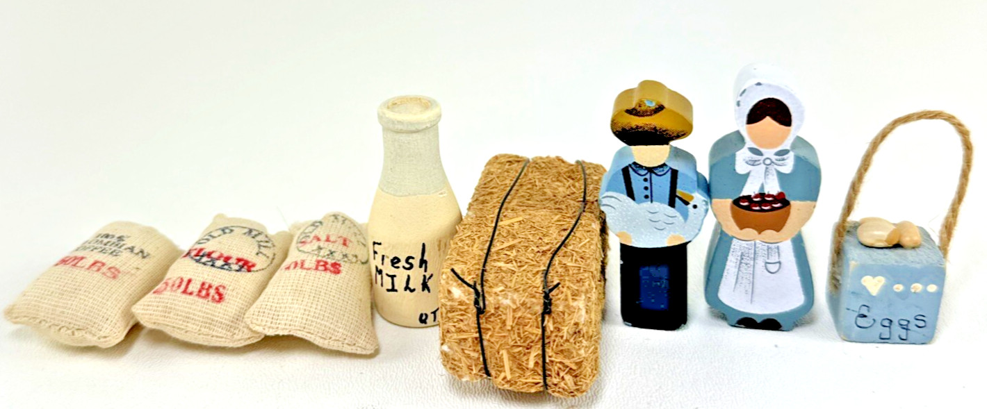 Vtg Wooden Miniature Faceless Man Woman Egg Box 3 Bag 1 Milk 1 Bale Hay Handmade