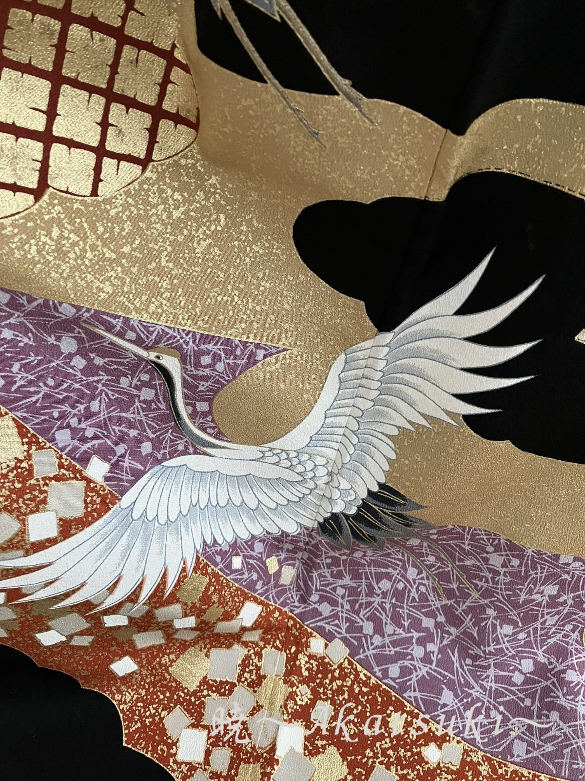Vintage Silk Tomesode Kimono Gold Couching Embroidery Cranes Black 157cm Japan