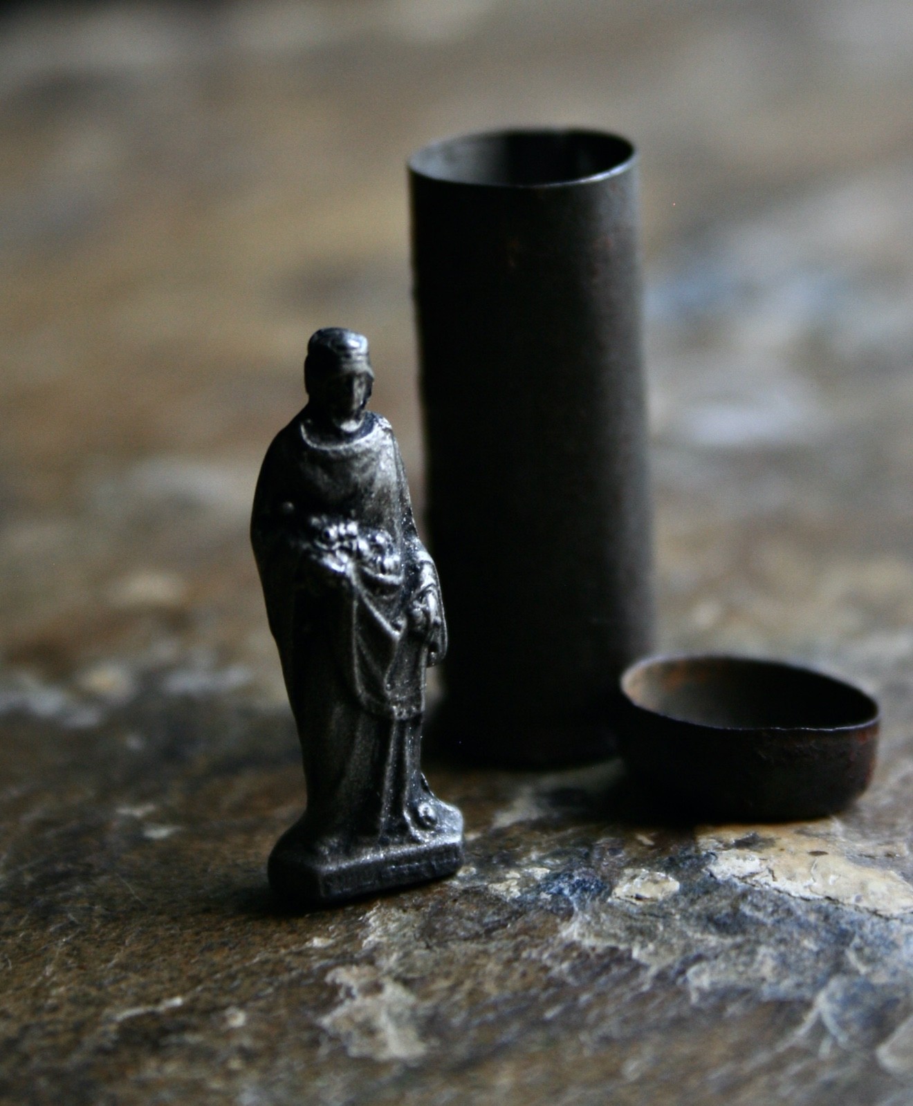 Antique World War II Religious Metal Pocket Saint Charm in Canister Catholic