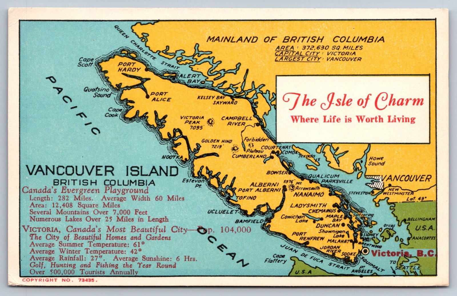 Vancouver Island British Columbia Canada Map Postcard Vintage