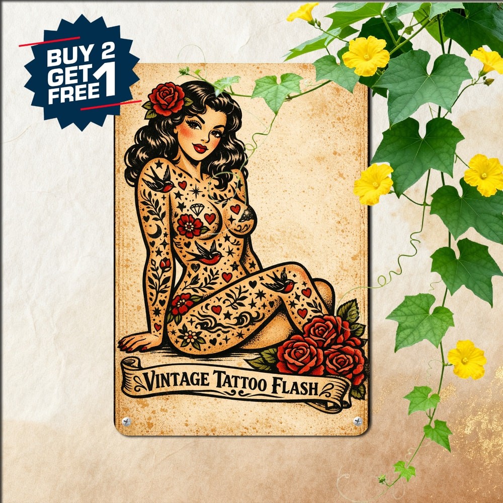 Tattooed Pinup Girl Artwork Metal Sign Vintage Retro Room Decor Plaque 8x12