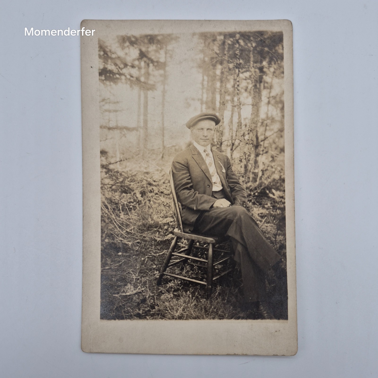 Antique RPPC Young Man Flat Cap Suit Seated Chair in Woods NOKO c1910s Postcard