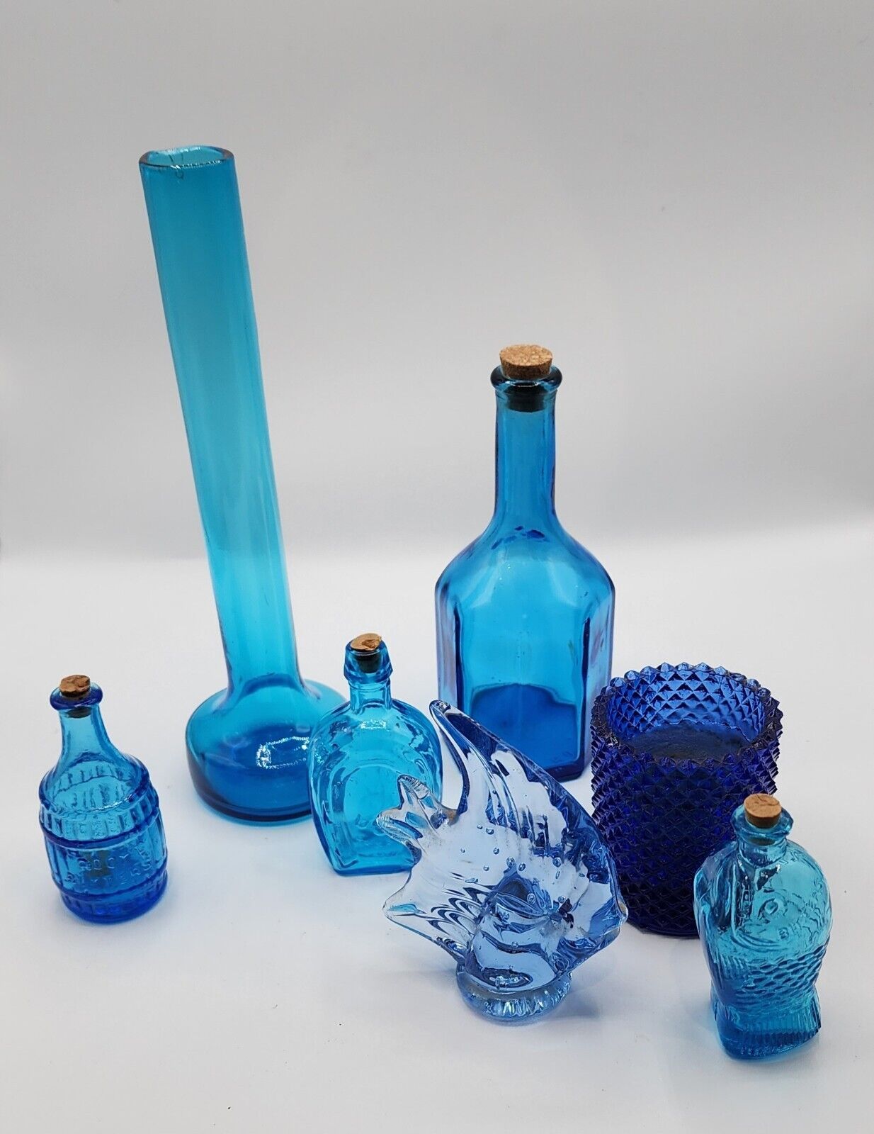 Vintage Blue Lot Of Small Bottles, Vase, Glass, Votive, Wheaton, Bitters