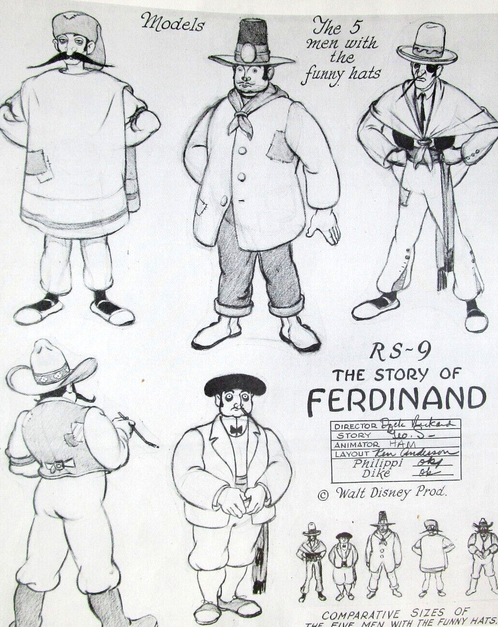 1938 FERDINAND BULL hat WALT DISNEY Original Production cel drawing MODEL SHEET