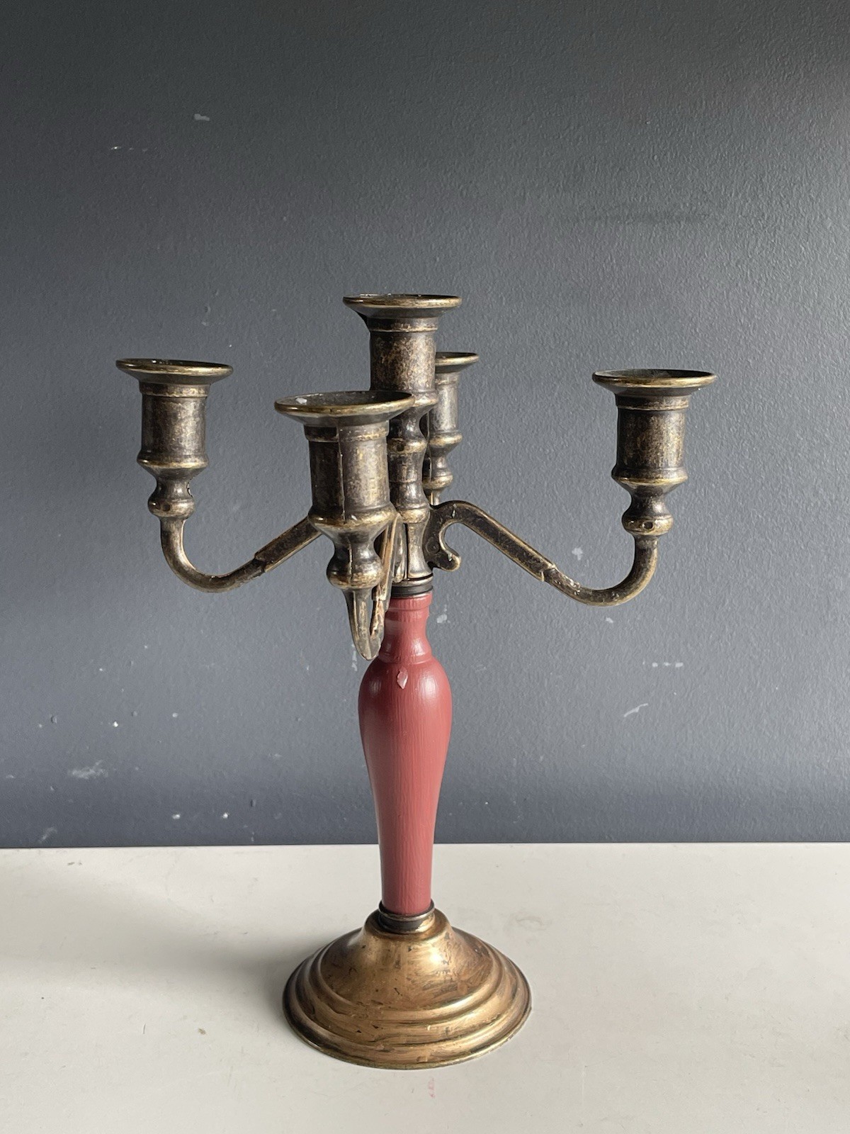 Vintage Made in Italy 5 Arm Candelabra Red Wood Brass Tone 12in Folding