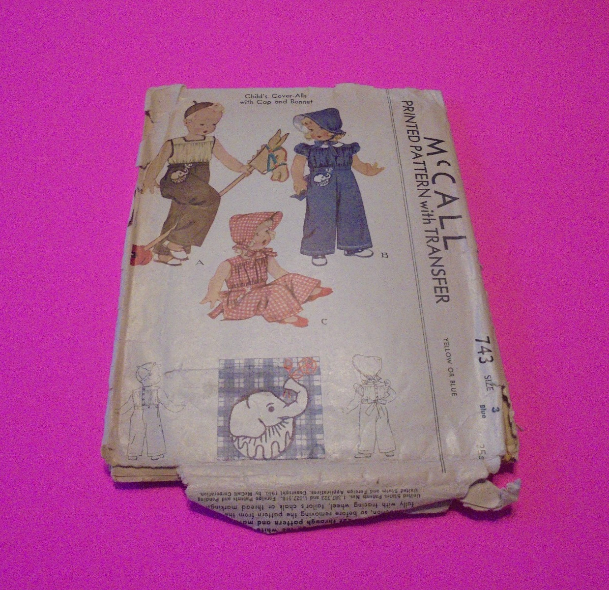 VTG 1940s McCall Sewing Pattern 743 Toddlers Cover-Alls Cap & Bonnet Size 3
