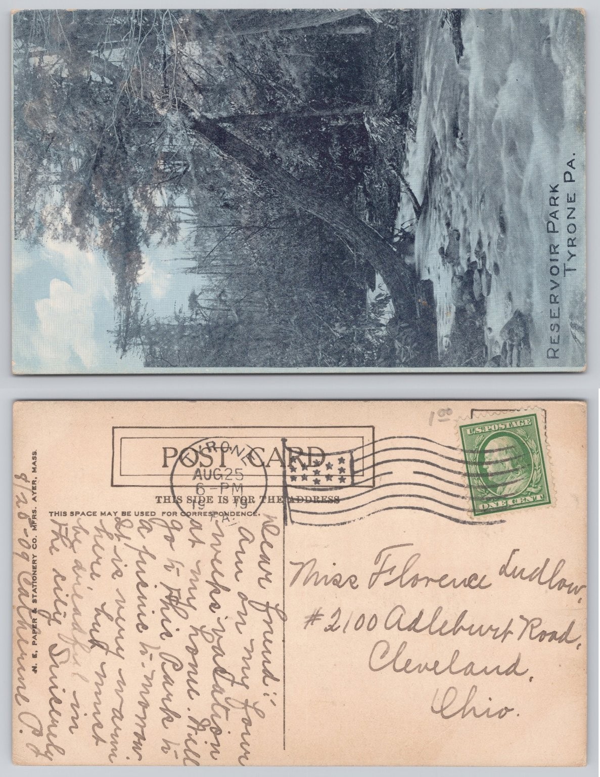Vintage Postcard Reservoir Park Tyrone PA River Stream Woods 1909 Posted