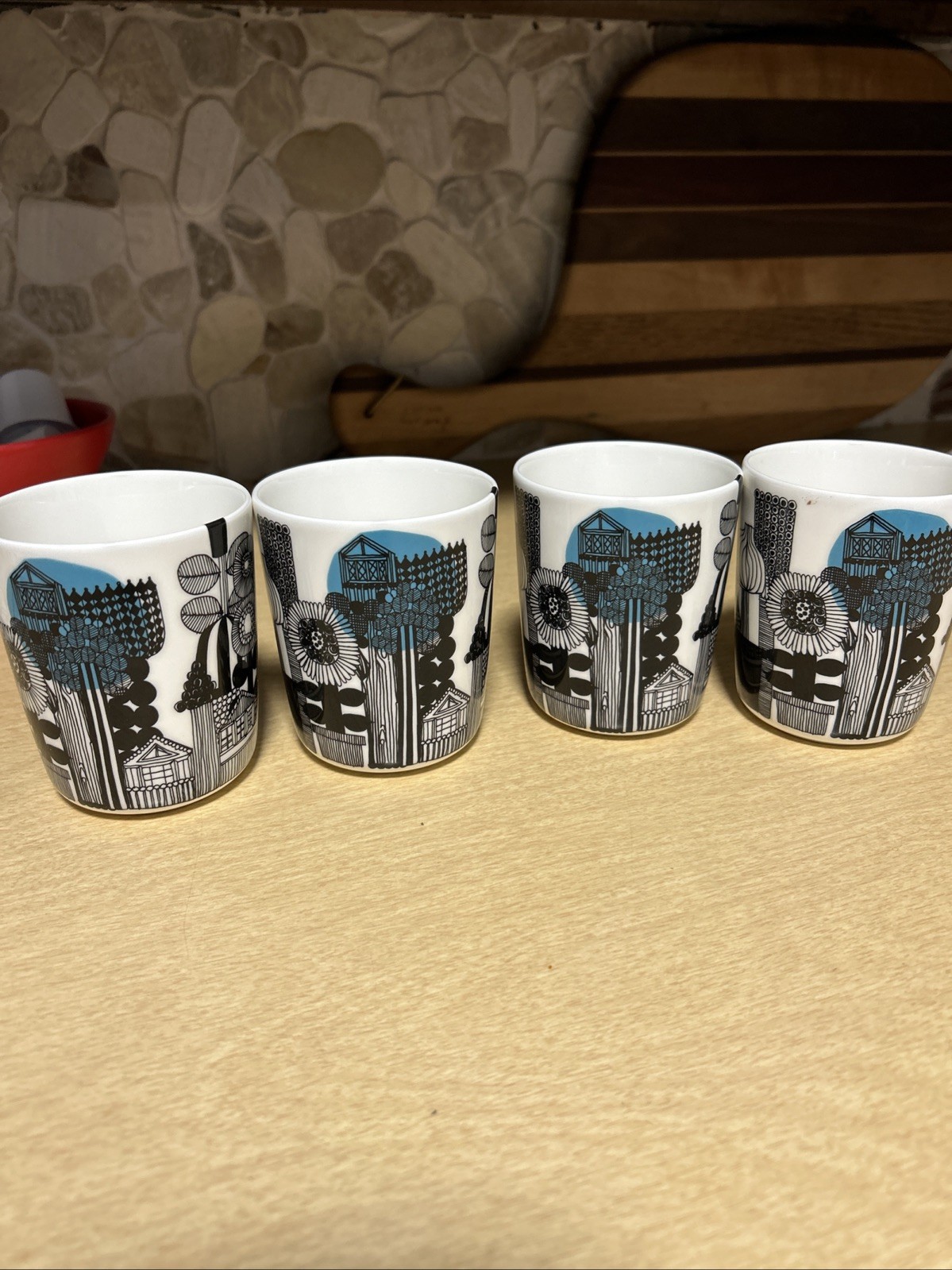 Marimekko Oiva Siirtolapuutarha Mugs Black and White, 8.5 Oz, Set of 4