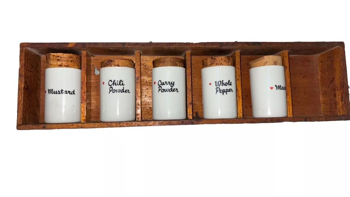 Vintage Freeman Lederman Lagarde  Tackett Porcelain Spice Jars & Original Rack..
